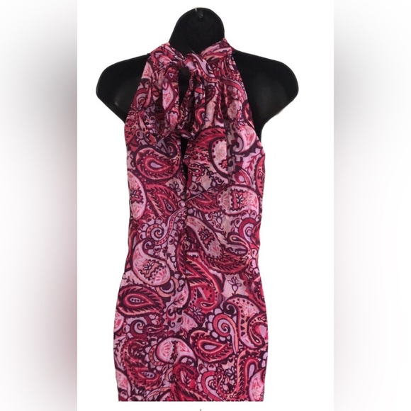 Cynthia Steffe fuchsia red pink combo silk like tiered halter maxi dress‎ size L - Picture 5 of 8